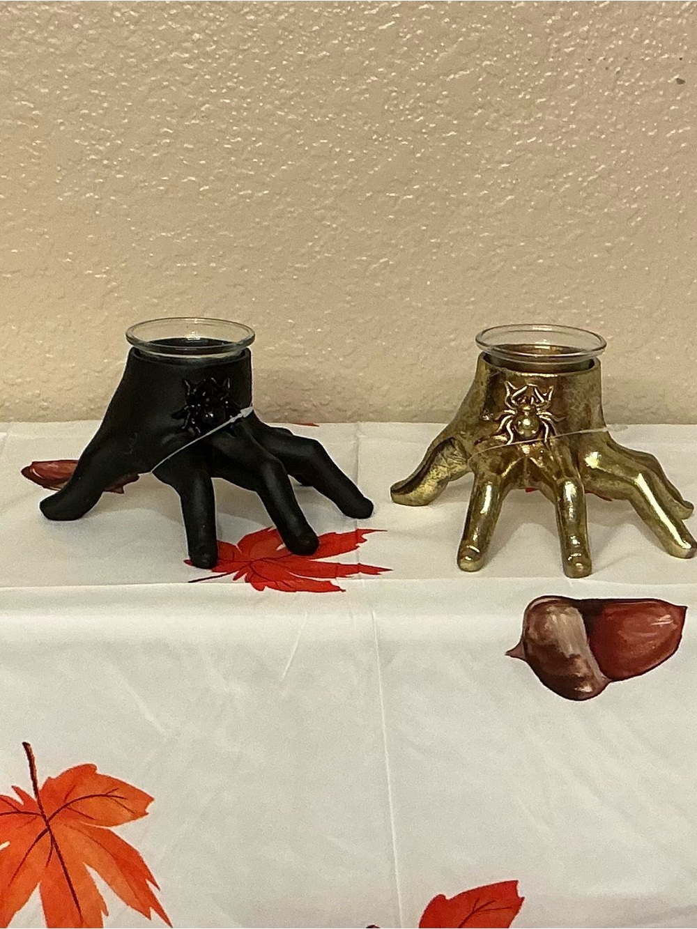 Resin Black & Gold Hand-Shaped Candle Holders with Glass Cups. New